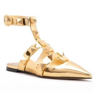 NWOB Valentino Garavani Roman Stud Metallic Ankle-Strap Ballerina Flats-Sz 8 US